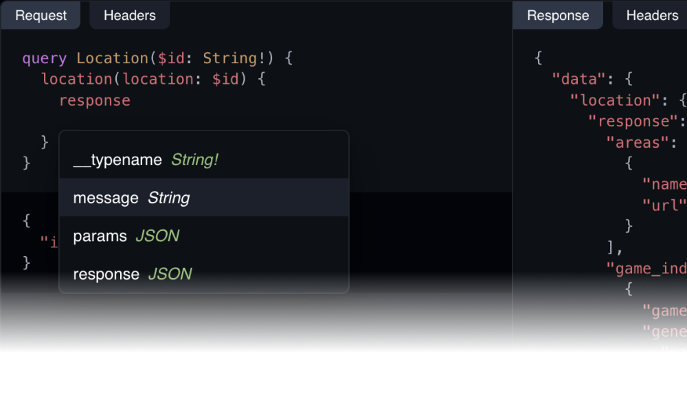 A GraphQL request being typed into a code editor with intellisense showing hints